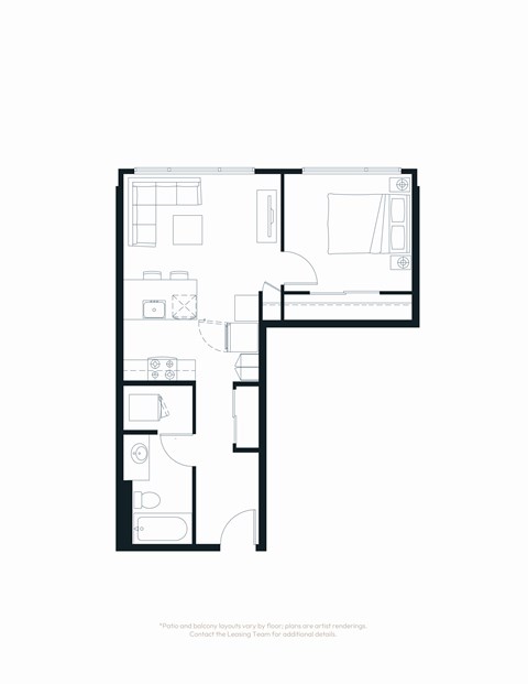 Floor plan for 1 bed, 1 bath, 596 sqft